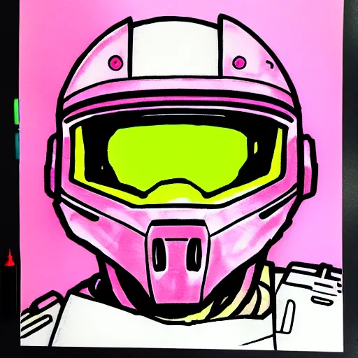 Image similar to master chief drawn with markers, background colored pink