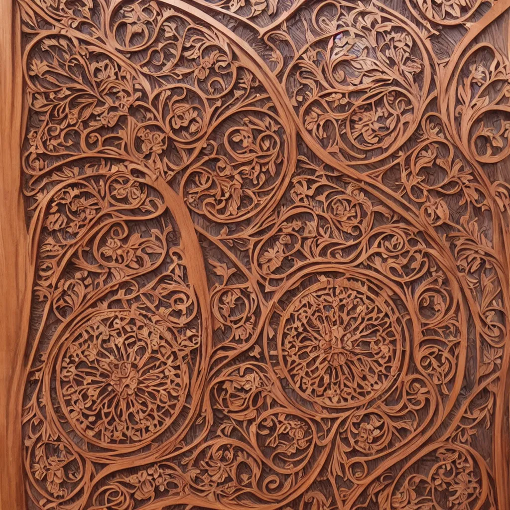 Image similar to a 3 d wooden mahogany art nouveau carved sculpture of a delicate sakura tracery pattern, intricate and highly detailed, well - lit, ornate, realistic, polished with visible wood grain