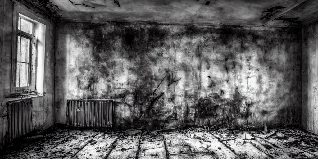 Prompt: a very dark room in a derelict house, black and white, grungy