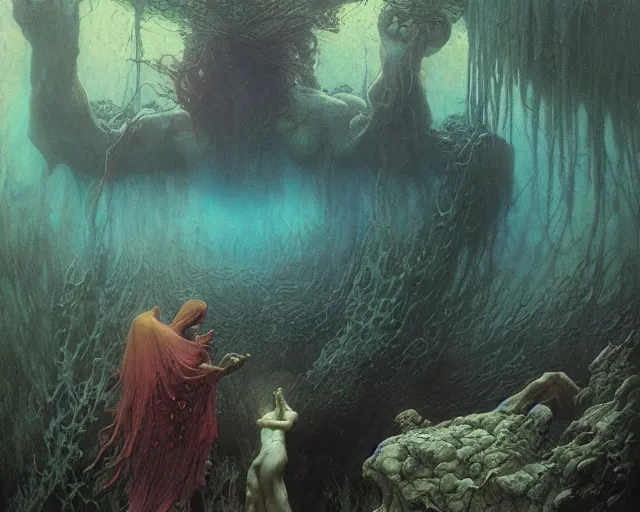 Image similar to the first sight after death, underwater scene, painted by zdzislaw beksinski and artgerm and greg rutkowski and alphonse mucha and rene laloux