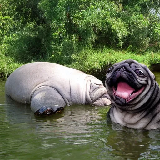 Image similar to a Manatee-Pug Hybrid, A Manatee that looks like a pug, huge tusks, afternoon hangout, good times photograph, candid