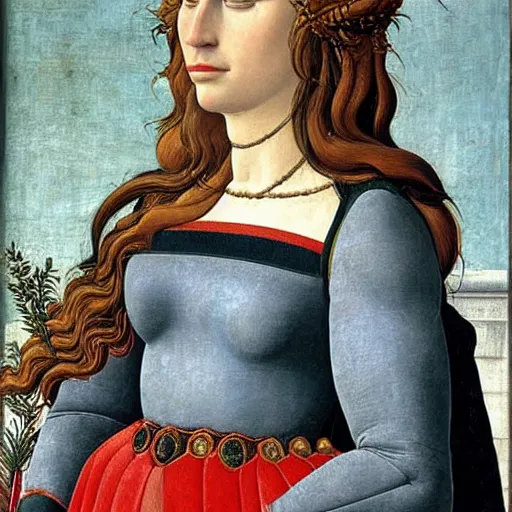 Image similar to portrait of tyrannosaurus as italian queen, painting by botticelli