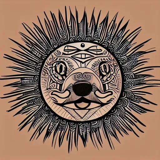 Image similar to tattoo sketch of a dog hugging the sun, on a canva, polynesian style, maori, ornament, lines, vector,