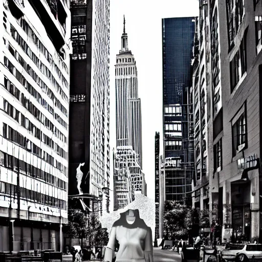 Prompt: 200 feet tall woman walking through new York, digital art