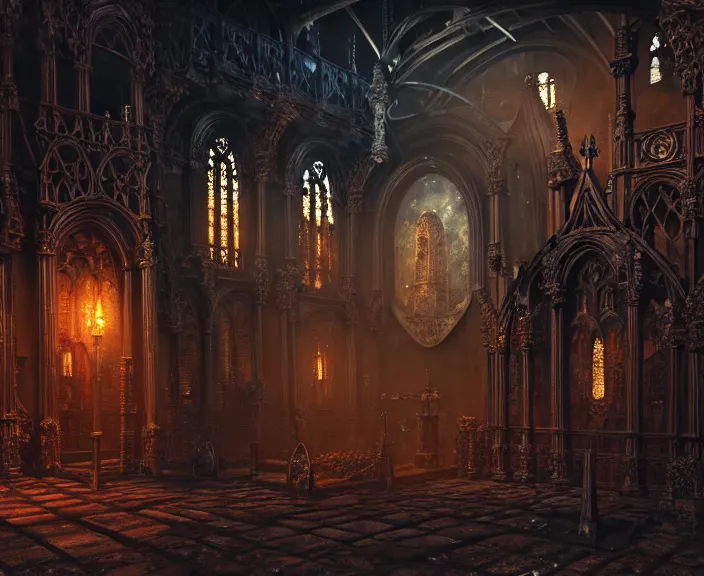 Image similar to steam necropolis, memento mori, gothic, neo - gothic, art nouveau, hyperdetailed copper patina medieval icon, stefan morrell, philippe druillet, ralph mcquarrie, concept art, steampunk, unreal engine, detailed intricate environment, octane render, moody atmospherics, volumetric lighting, ultrasharp, ominous, otherworldly