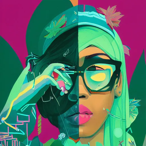 Image similar to profile picture for the city girls, marijuana organic painting, marijuana, matte, hiphop, hard edges, energetic, 3 d shapes, asymmetrical, smoke, green, highly detailed, by sachin teng