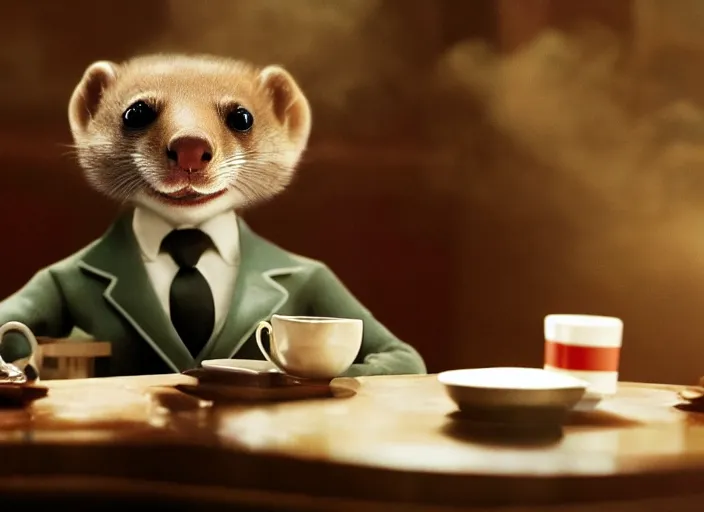 Image similar to A very high resolution image from a new movie, A Weasel wearing a suit drinks tea in a shabby Chinese room, surrounded by water vapor,beatiful backgrounds,dramatic Lighting, directed by wes anderson