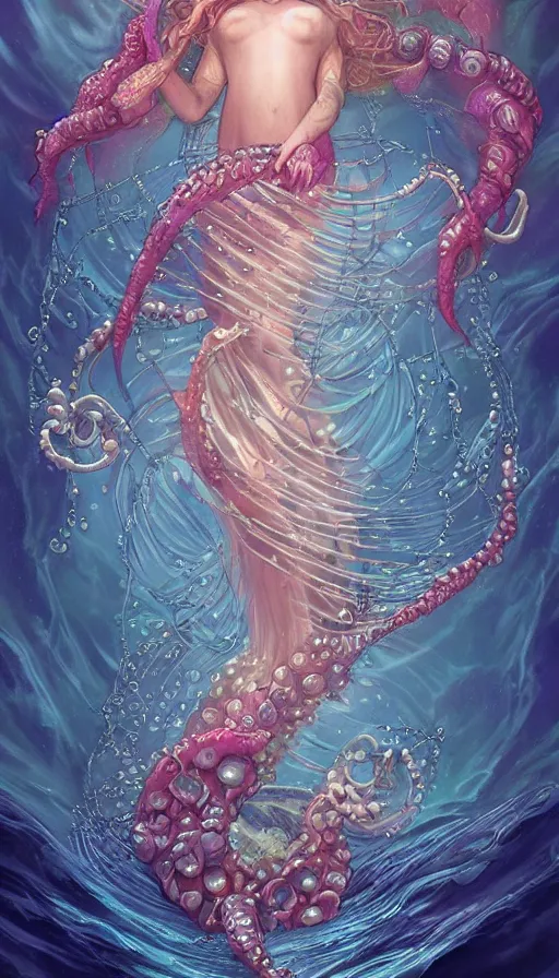 Image similar to tarot card, intricate ocean godness by ross tran, corals, pearls, jellyfish, vivid colors, by Lady Frieda Harris trending on ArtStation, cgsociety