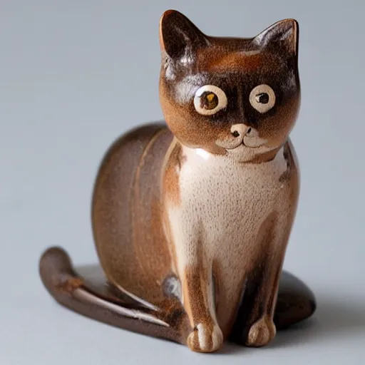 Image similar to demure anthropomorphic cat figurine wearing a kimono, brown resin, highly detailed, intricate, monotone, head tilted down