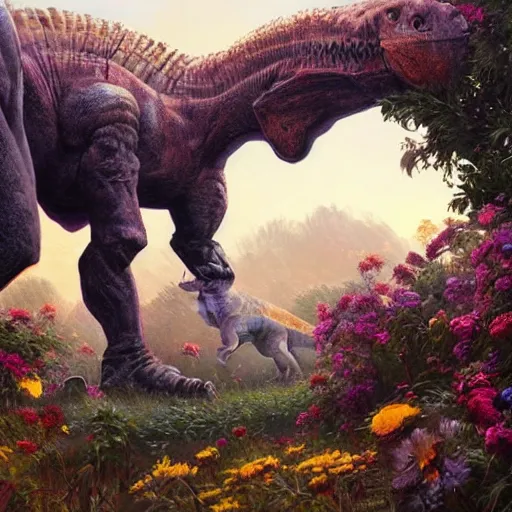 Image similar to Beautiful digital painting of monumental dinosaur made of flowers by Greg Rutkowski and James Gurney, trending on Artstation, deviantart, ultra detail