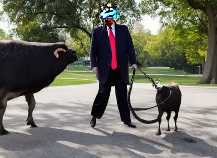 Prompt: a press photo of Donald trump walking his pet water buffalo on a leash outside the White House