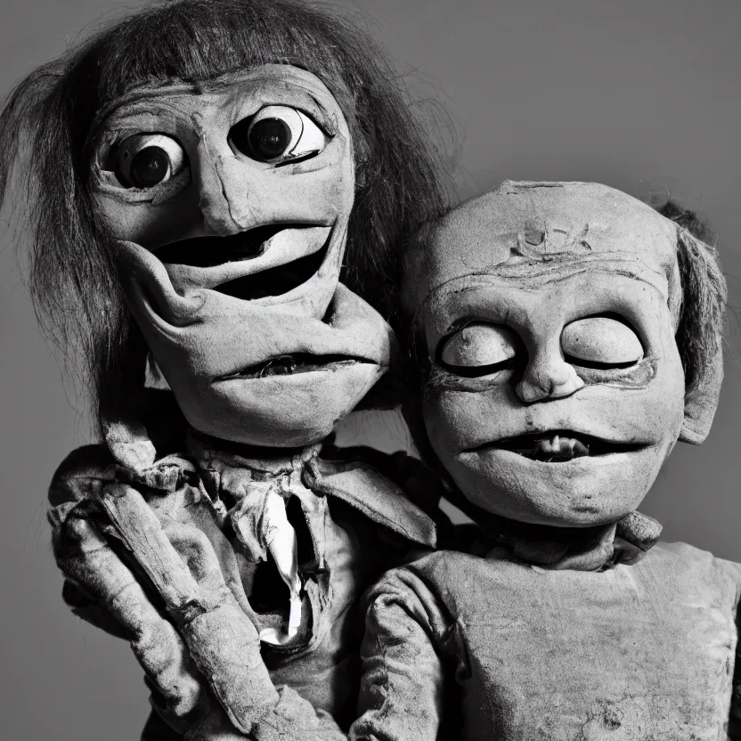 Image similar to creepy ventriloquist dummy in the style of roger ballen, 4 k, bw, portrait