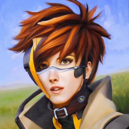 Image similar to oil painting of tracer overwatch in a field wearing large leather belt choker around neck, in style of mark arian, expressive face, detailed face, detailed eyes, full body, feminine face, tracer overwatch,