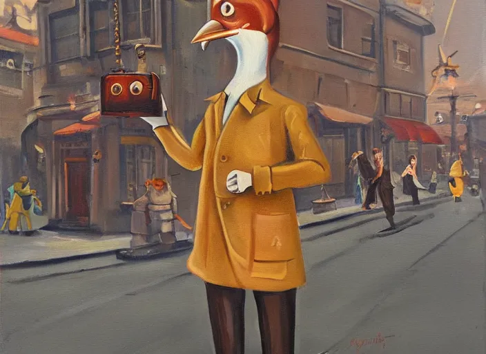 Prompt: painting of an anthropomorphic bird engineer standing on a busy steampunk city street. hd. 1 9 5 0 s oil painting style.