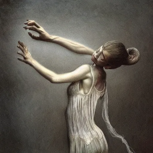 Image similar to beautiful ballerina inspired by giger, zdzislaw beksinski, cam de leon, and the art of stephen gammell