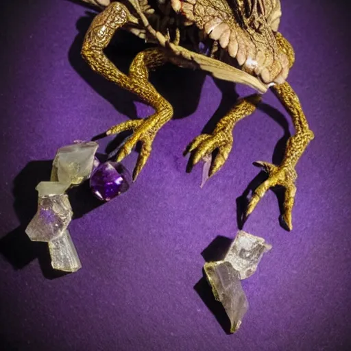 Image similar to zergling skeksis from the dark crystal wearing golden talismans and amethyst crystals. dark undertones. diffuse volumetric lighting.