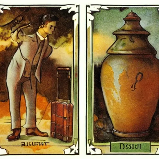 Image similar to 1 9 2 0's bipedal deflective rivulet blob petrel chili luggage vase, by monsu desiderio and anton pieck and wojciech siudmak, trending on deviantart, ambient occlusion, tarot card