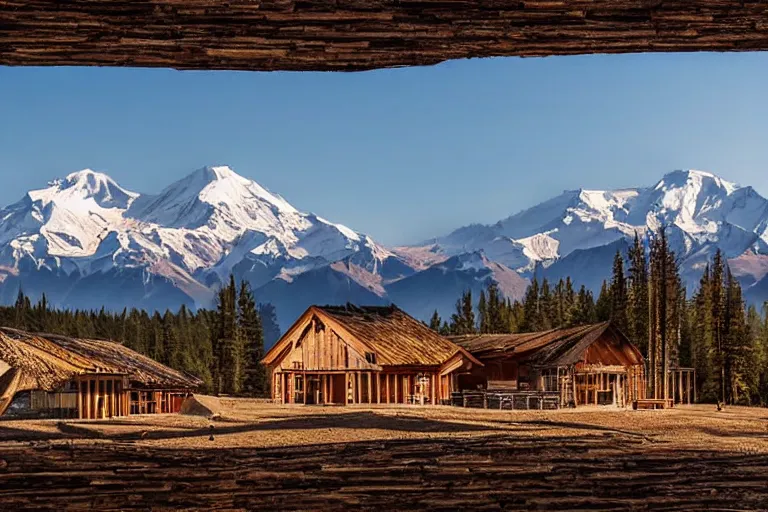 Prompt: architecture photo modern fachwerk wooden giant opera building settlement with Elbrus mountain on the background, architecture, photorealism 8k , shining and happy atmosphere, uplight, high details