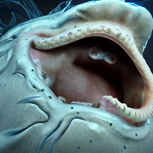 Image similar to hyperrealistic dslr film still of amorphous squid with manlike teeth and eyebrows, stunning 8 k octane comprehensive 3 d render, inspired by istvan sandorfi & greg rutkowski & unreal engine, perfect symmetry, dim volumetric cinematic lighting, extremely hyper - detailed, extremely lifelike attributes & lifelike texture, intricate, masterpiece, artstation, stunning