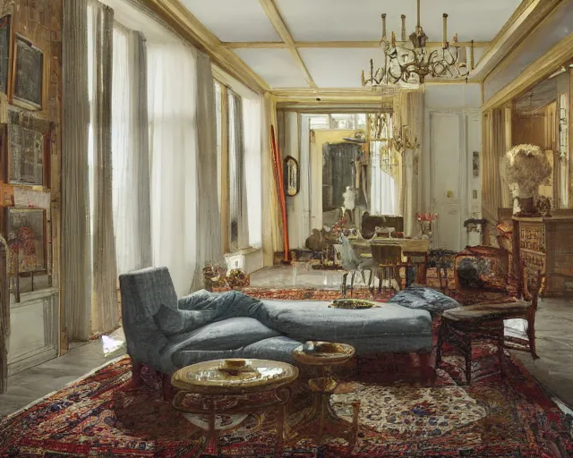 Image similar to a beautiful open space apartment with persian rugs and antique furniture designed by mark mills and nathaniel owings, interior design, architecture, key lighting, soft lights, by steve hanks, by edgar maxence, by caravaggio, by michael whelan, by delacroix, by serov valentin, by tarkovsky, 8 k render, detailed, oil on canvas