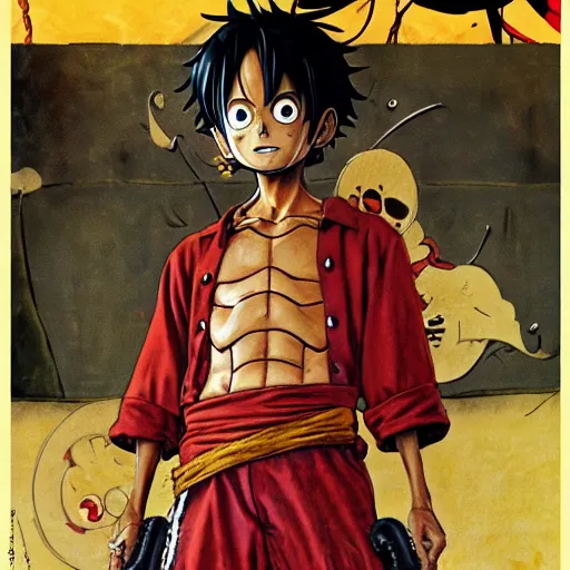 Prompt: Luffy, the kig of the pirates, movie poster, artwork by Norman Rockwell