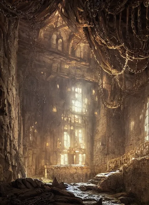 Prompt: detailed interior of medieval dungeon, princess in chains, epic atmosphere, by greg rutkowski, nature by asher brown durand