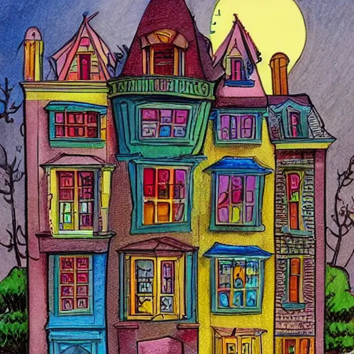 Image similar to a drawing of a house with a lot of windows, concept art by dr seuss, pixiv, maximalism, concept art, official art, maximalist