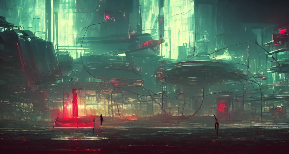 Image similar to beautiful low angle painting of ab alien world with unknown structures and technolog, steampunk, wires everywhere, junk on the ground, neon lights, red neon highlights, a tiny girl watching on, moody atmosphere, epic composition, dramatic lighting, trending on artstation, octane render, by robert zemeckis