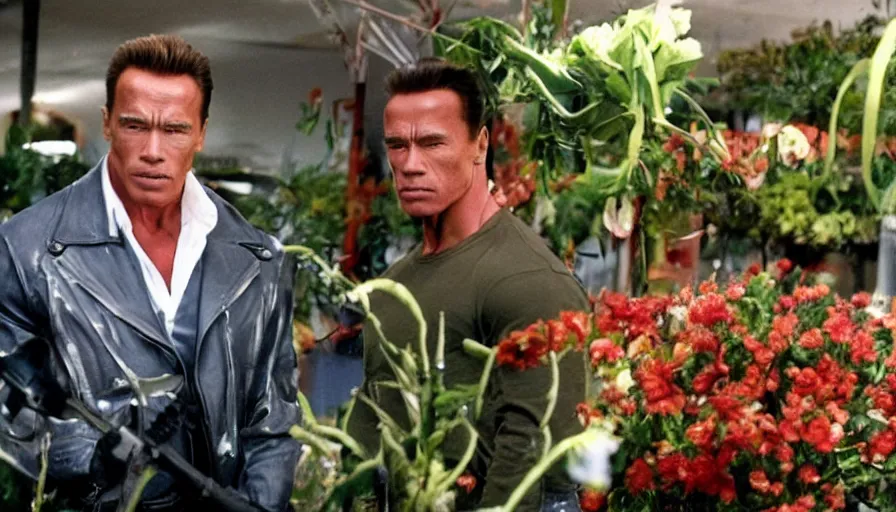 Prompt: big budget action movie where arnold schwarzenegger is a florist.