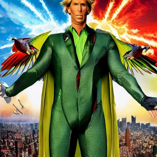 Prompt: action pigeon hero Michael Bay movie poster featuring Marvel Majestic Fat Pigeon in a extravagant full pigeon body green suit by Alex Ross, oil painting