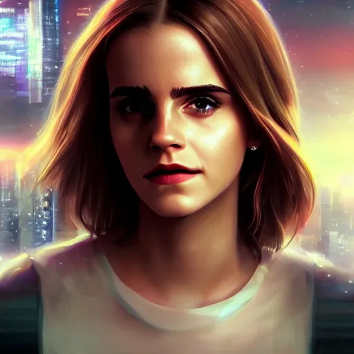 Image similar to Portrait of Emma Watson, the background is a huge futuristic city, cyberpunk style futuristic neon lights, artstation cgsociety masterpiece highly-detailed