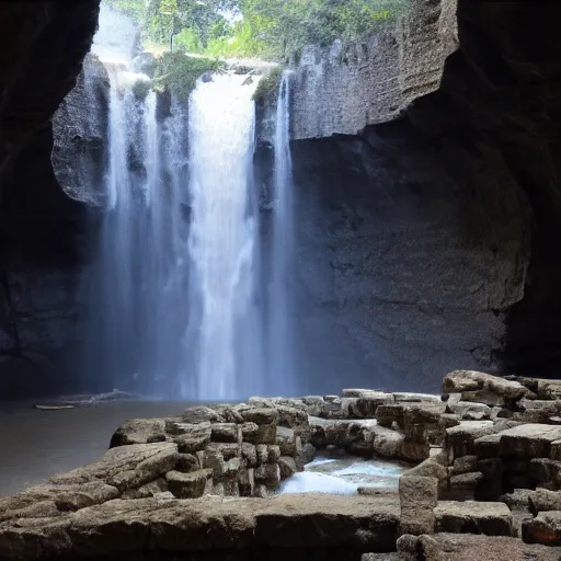 Image similar to ancient ruins and waterfalls in the interior of a cave