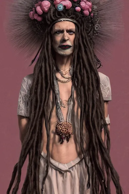 Prompt: vaporwave!!, an eccentric gothic king with long wild dreads, straight on, by artgerm, jamie hewlett, tom bagshaw, gerald brom, 4 k, smooth, hd, substance designer render, full body character concept art,