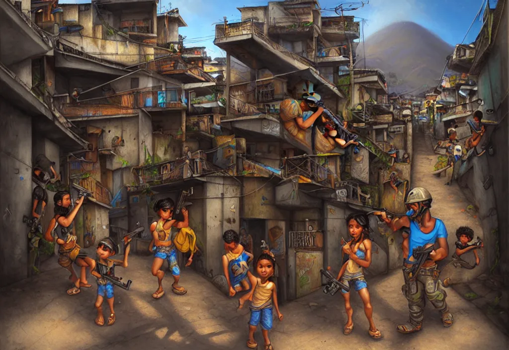 Prompt: photorealistic favela rio with guns and kids in by Justin Gerard