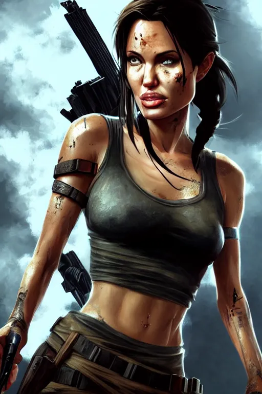 Image similar to angelina jolie as tomb raider, manga cover art, detailed color portrait, artstation trending, 8 k, greg rutkowski