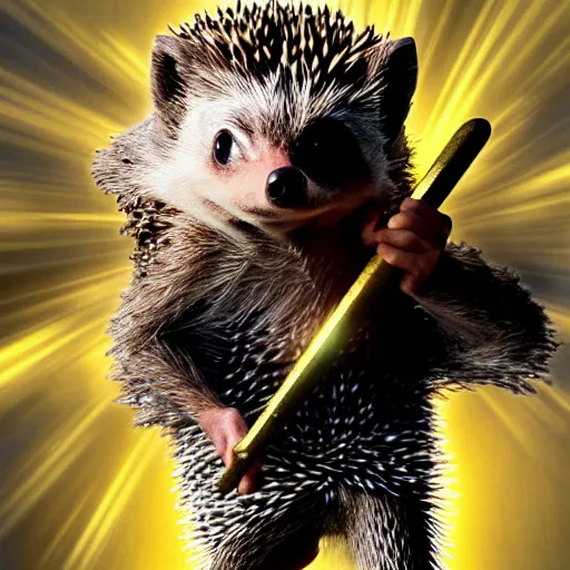 Image similar to the hedgehog thor ~ holding his hammer ~ dramatic thunder background ~ fighting scene ~