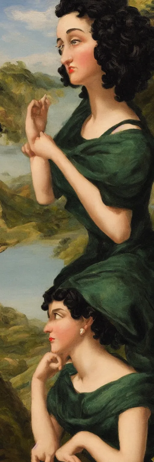 Prompt: a close up of a young woman from the fifties, seated in front of a landscape background, her black hair is a long curly, she wears a dark green dress, pleated in the front with yellow sleeves, puts her right hand on her left hand, a detailed neoclassicism painting