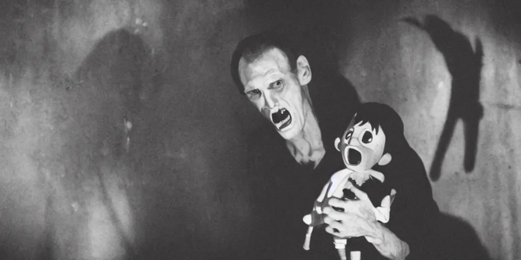 Image similar to film still of a horrid vampiric tall man hiding in a barnyard and clutching a doll, horror movie, eerie, creepy, grainy, dark, amazing lighting, great cinematography