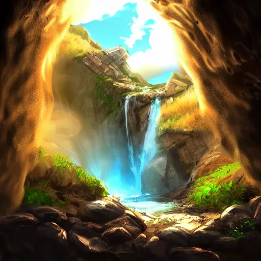 Image similar to digital art of an entrance to a cave, artstation, tomb raider, waterfall, river, mountain, rocks