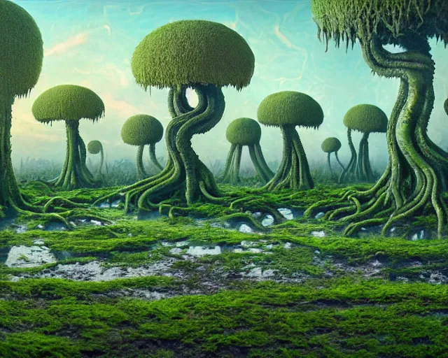 Image similar to A surreal swampy landscape with tall tentacular roots rising out of the ground like an alien planet, no vegetation except for small plants, wide-angle lens effect, creeper, low-poly, cinematic. 16k render. Impressionist painting style. Matte painting, hyperrealistic, photorealism, detailed. HDR lighting. Widescreen format, HDR. Film grain. Wide screen format, HDR.