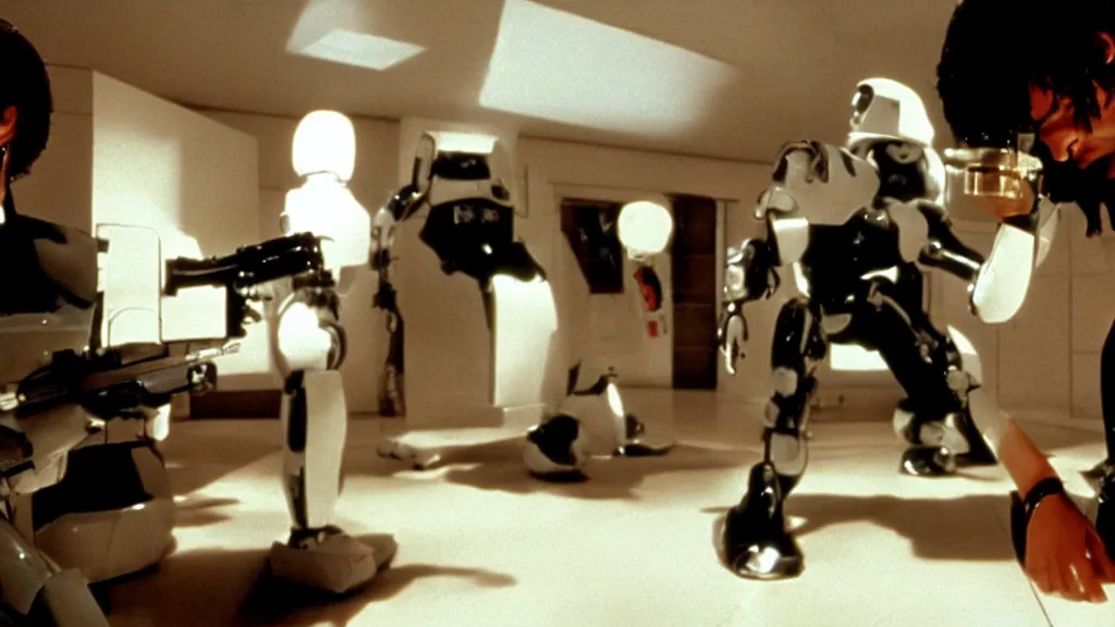 Image similar to movie still of pulp fiction but with robots, movie still, cinematic composition, cinematic light, by edgar wright and david lynch