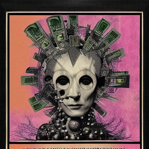 Image similar to post - punk new age album cover, asymmetrical design, frame of a dollar bank notes, abstract collage, capitalism, magic, apocalypse, psychedelic, black white pink, magic, giger h. r., giuseppe arcimboldo