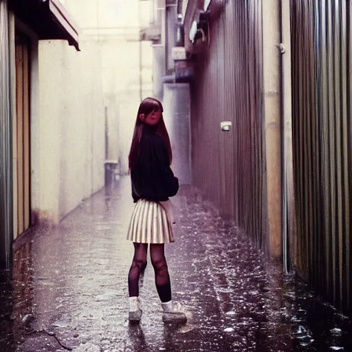 Image similar to 1990s perfect 8K HD professional cinematic photo of close-up japanese schoolgirl posing in sci-fi dystopian alleyway at morning during rain, at instagram, Behance, Adobe Lightroom, with instagram filters, depth of field, taken with polaroid kodak portra