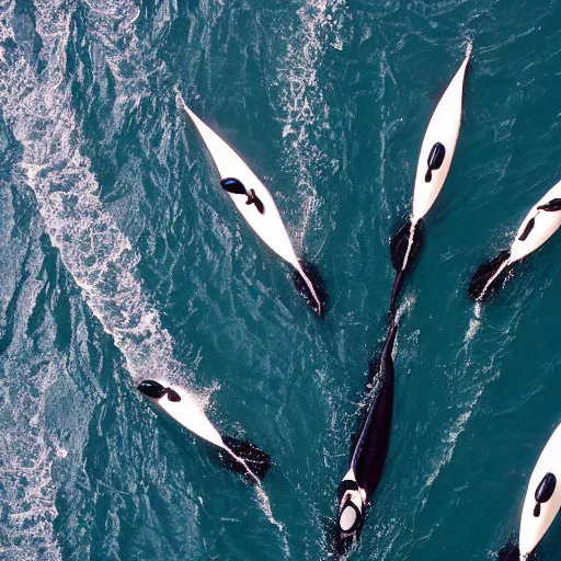 Prompt: an overhead, national geographic photo of a lone kayaker being circled by a group of Orcas. 85MM lens, f1.8