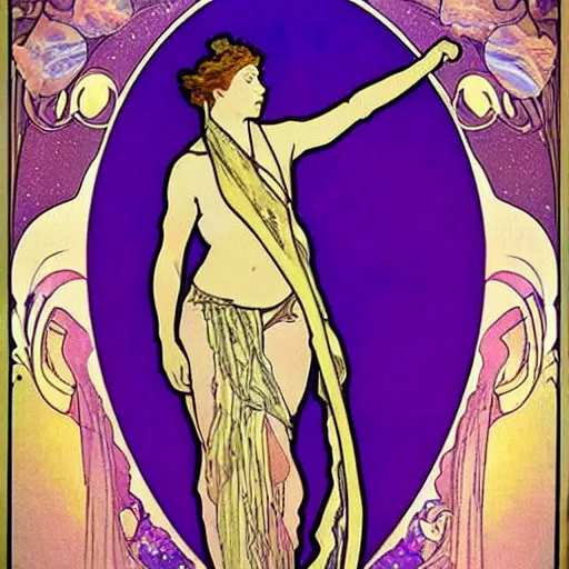 Image similar to heavenly goddess full body statue with sleepy face and beautiful closed eyes and open lips and 2 arms open and 2 legs bending and a curved body wearing torn silk cloth, laying on her back among purple clouds and nebula and starry galaxy dust, splashes into the fabric of the universe, art nouveau by alphonse mucha, black marble, violet gold beige, saturated colors, intricate face detail