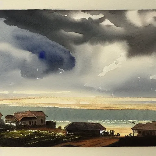 Prompt: a watercolor landscape panorama of a cozy seaside village with a menacing storm cloud on the ocean horizon, highly detailed, masterpiece, very very aesthetic, by anthony micallef