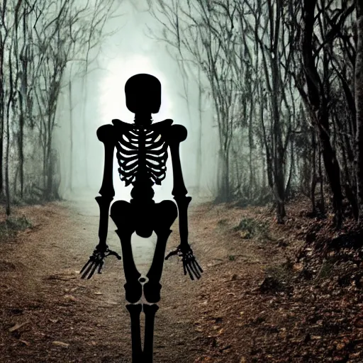 Prompt: photograph of a spooky scary skeleton walking through the forest