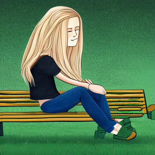 Image similar to a full - frame illustration of young woman with long blond hair sitting on a green bench with her head in her hands, digital art