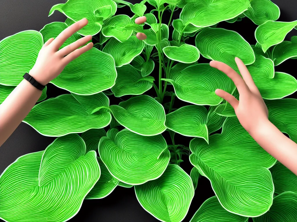 Prompt: 3 d render of a human hand reaching towards abundant flowering hosta plants!!!, 3 d geometric neon shapes, rule of thirds, clean linework, dramatic, award winning, 4 k, trending on artstation, photorealistic, volumetric lighting, octane render