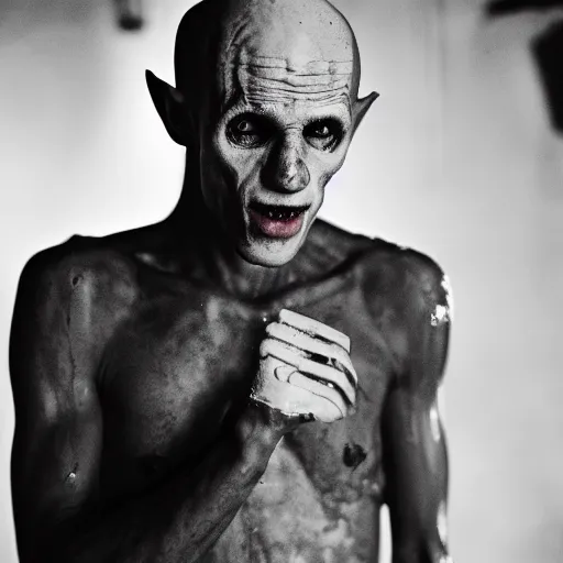 Image similar to portrait of nosferatu after boxing, brews blood, sweating, 5 0 mm lens, realistic photography